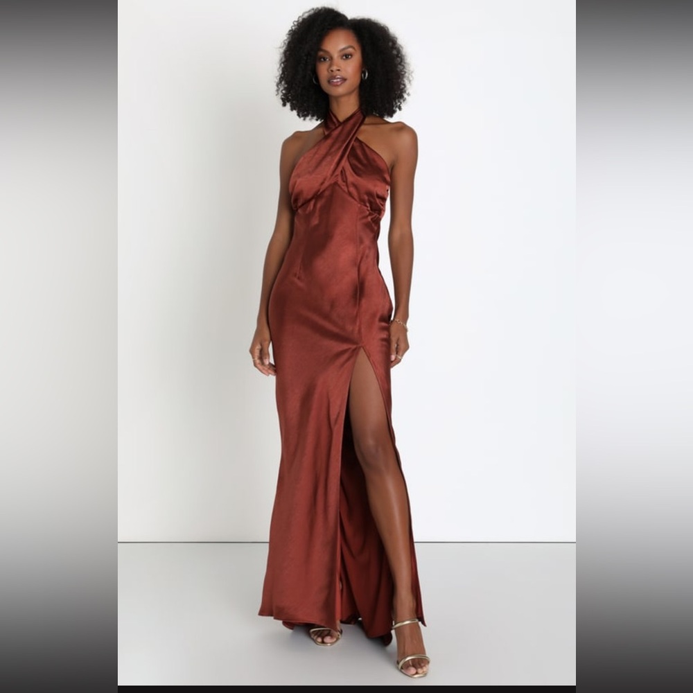 Lulu's Copper Halter Satin Maxi Dress with Thigh Slit